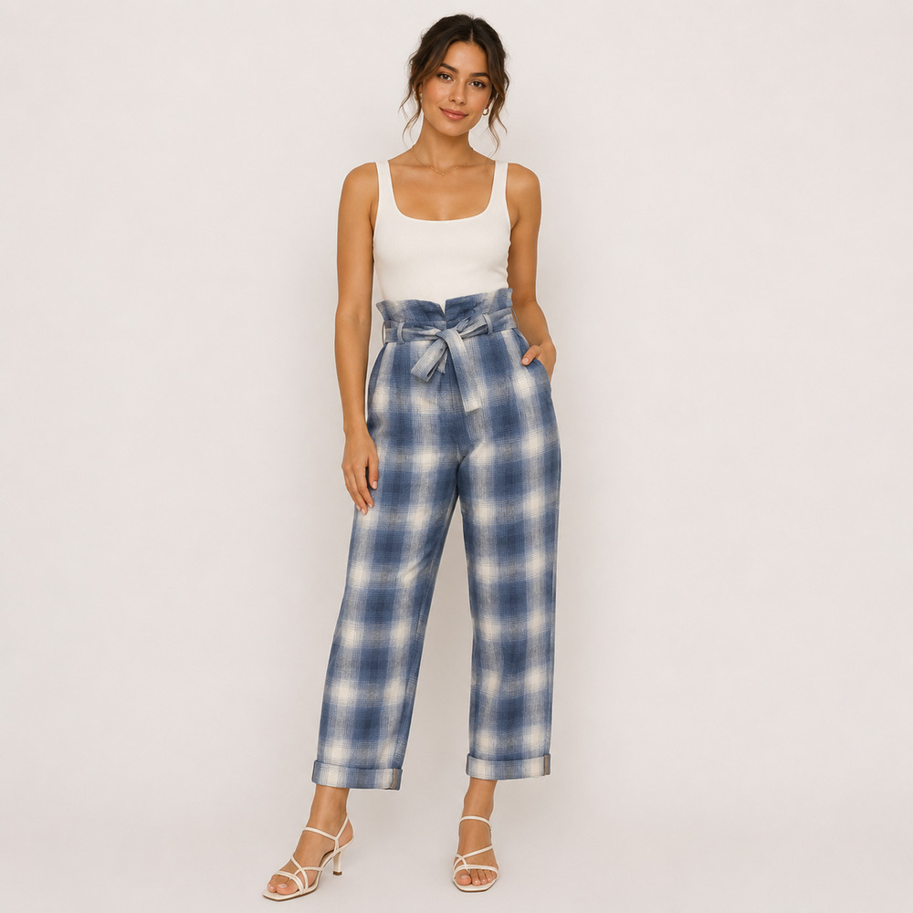 Reformation Bristol Linen Pants 2 Blue Plaid Paperbag High Waist Trousers